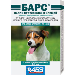 Барс капли против блох и клещей для собак от 2 до 10 кг (1 пипетка по 1.4мл)